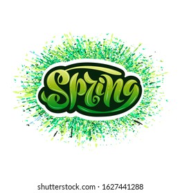 Vector illustration of the word spring on a background of green splashes. You can use a print for fabric, wrapping paper, clothes, a background, a substrate for posts, a banner.