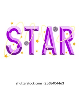 Vector illustration of the word "STAR" in bold purple 3D letters with orbiting stars and planets. Perfect for educational materials, space-themed designs, children's books, posters, and digital media.