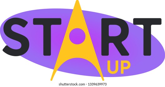 Vector illustration of the word Startup on a purple gradient background. In the center is a big letter A similar to a rocket, symbolizing a fast start of business. Can be used as a logo.