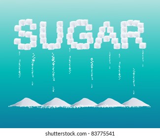 vector illustration of the word sugar formed from sugar cubes with small piles of sugar granules on  blue in eps 10 format