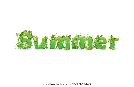 Vector illustration of word Summer with capital letters stylized as a rainforest, with green branches, leaves, grass and bushes next to them, isolated on white