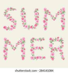 vector illustration. Word summer, the letters in the form of floral ornament, made acrylic.