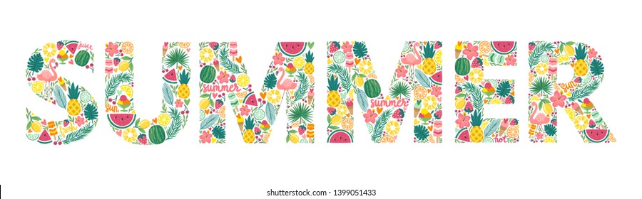 Vector illustration with word "Summer" made from hand drawing elements: fruits, flower, leaves and flamingo. Summer quote is isolated on white.