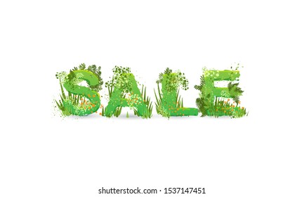 Vector illustration of word Summer Sale with capital letters stylized as a rainforest, with green branches, leaves, grass and bushes next to them, isolated on white
