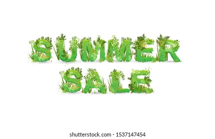 Vector illustration of word Summer Sale with capital letters stylized as a rainforest, with green branches, leaves, grass and bushes next to them, isolated on white