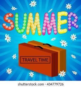 Vector illustration. The word "summer" and suitcases with a "time travel" on a blue abstract background