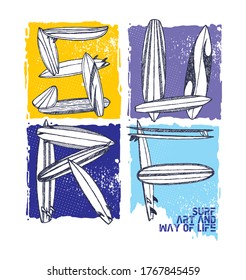 Vector illustration of the word surf formed by surfboards in sketch style.