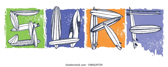 Vector illustration of the word surf formed by hand-drawn boards with free and stripped strokes.