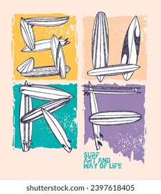 Vector illustration of the word surf formed by surfboards in sketch style.