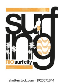 Vector illustration with the word "surfing" and elements related to surfing in Rio de Janeiro, Brazil. Art for t-shirt prints and etc ...