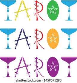 Vector illustration of the word Tarot. Wand, cup, pentacle, sword symbols of Tarot cards