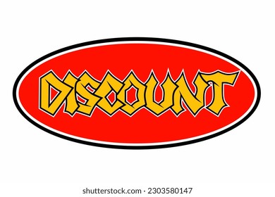 Vector illustration of word text "DISCOUNT" graphic in red oval design. Perfect for commercial advertising and marketing purposes or promotional campaigns targeting sales and offers.