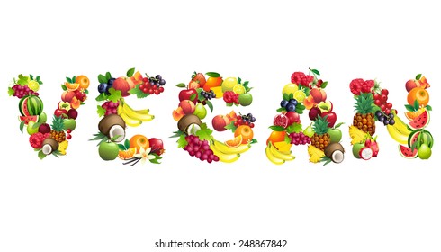 Vector illustration Word VEGAN composed of different fruits with leaves