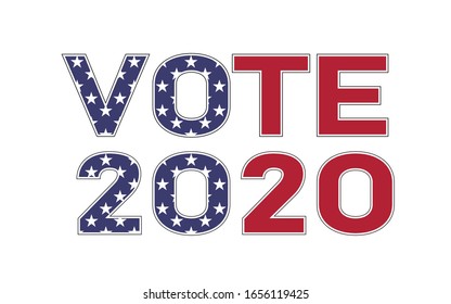 Vector illustration with the word VOTE and number 2020 colored in blue, red and white stars. American presidential election concept