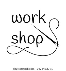 Ilustración vectorial con la palabra Taller, hilo de bordar y aguja de coser sobre fondo blanco.	