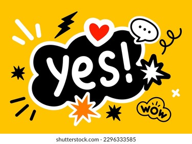 Vector illustration of word yes in cloud and flash, heart on black and yellow color background. Flat style design of word yes for web, banner, poster, print, sticker