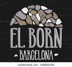 Vector illustration of words El Born Barcelona on black background with dark stone element for souvenir products, postcard, logo, tourist guide, icon or emblem and advertising. Hand lettering. 