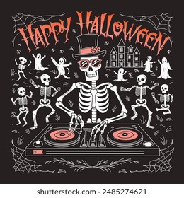 Vector illustration of the words Happy Halloween with a Skeleton DJ playing a turntable surrounded by skeletons, dancing ghosts, and a ghost house on a black background