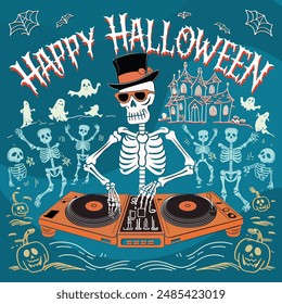 Vector illustration of the words Happy Halloween with a Skeleton DJ playing a turntable surrounded by skeletons, dancing ghosts, and a ghost house on a dark blue background