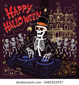 Vector illustration of the words Happy Halloween with a Skeleton DJ playing a turntable surrounded by skeletons, dancing ghosts, and a ghost house on a purple background