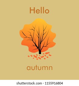 Vector illustration with the words Hello autumn. Autumn tree with autumn leaves on branches.