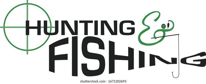 Vector illustration of the words hunting and fishing made into a graphic header with hunting and fishing symbols