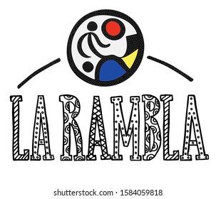 Vector illustration of words La Rambla (street in Barcelona) in black color with letters decor and mosaic element for souvenir products, postcard, tourist guide, icon or emblem. Hand lettering