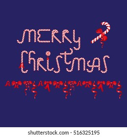 Vector illustration of the words Merry Christmas consisted of Candy Cane and red bows on blue background.