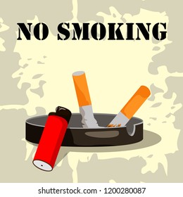 vector illustration with the words no smoking, a poster with an ashtray, cigarettes and a cigarette lighter