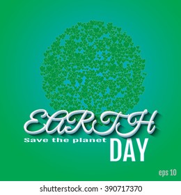 Vector illustration with the words, planets and many green hearts, symbolizing caring people. Earth Day Vector Art, Stock Vector