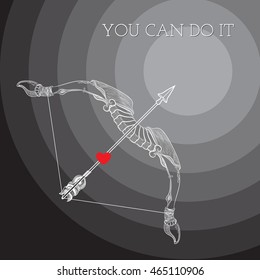 Vector illustration of  words You Can Do It and hand drawn vintage bow, arrow and heart  on grey  background with concentric circles.