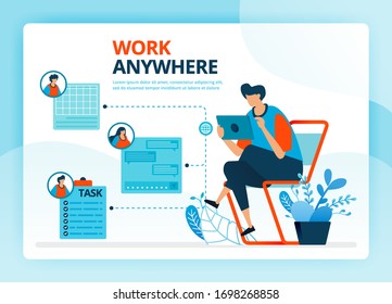 Vector illustration for work anywhere and freelance jobs. Human vector cartoon characters. Design for landing pages, web, website, web page, mobile apps, banner, flyer, brochure, poster