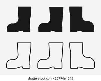 Vector Illustration of Work Boots in Solid and Outline Styles. Worker Boot Silhouette Set.