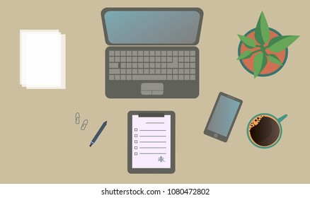 vector illustration of work desk from above. laptop, mobile, cup of coffee, plant, papers and notes on the workplace