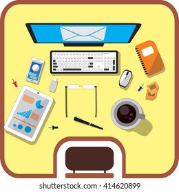 vector illustration work desk, gadgets, stationary, for use in commercial display campaign tool, with stylish retro design, icon