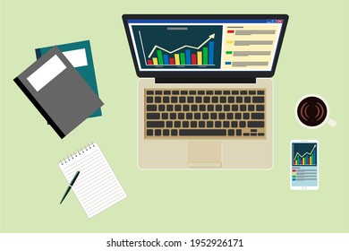 vector illustration of work desk, work from home, laptop, smartphone, several notebooks, and coffee, office work monitoring business developments, business development charts