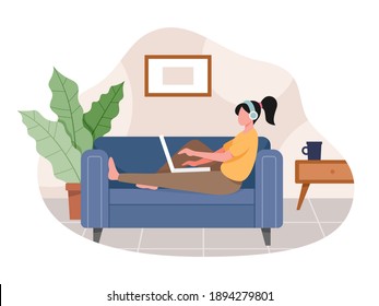 Vector illustration Work from home concept. Young woman working from home during coronavirus pandemic. Freelance working concept, People work remotely from home. Vector illustration in a flat style