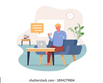 Ilustración vectorial Trabajo desde el concepto de casa. Joven trabajando desde casa durante la pandemia del coronavirus. Concepto de trabajo independiente, La gente trabaja a distancia desde casa. Ilustración vectorial en un estilo plano