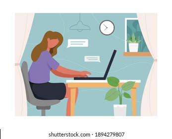Vector illustration Work from home concept. Young woman working from home during coronavirus pandemic. Freelance working concept, People work remotely from home. Vector illustration in a flat style