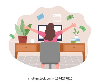 Vector illustration Work from home concept. Young woman working from home during coronavirus pandemic. Freelance working concept, People work remotely from home. Vector illustration in a flat style