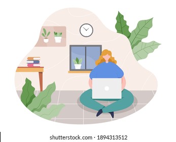Vector illustration Work from home concept. Young woman working from home during coronavirus pandemic. Freelance working concept, People work remotely from home. Vector illustration in a flat style