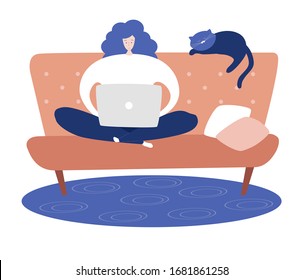 Ilustración vectorial Trabajo en casa. Estilo de vida de cuarentena de Coronavirus. Mujer sentada en el sofá con un gato dormido y trabajando en línea. Distancia social y autoaislamiento durante el brote de Covid-19.
