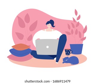 Vector illustration Work at home. Coronavirus quarantine lifestyle. Woman siting on the floor comfortably and working online. Social distancing and self-isolation during Covid-19 outbreak.
