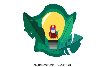 Vector illustration work at home idea green leaves