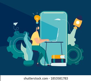 Vector illustration, work from home on the internet, creative space, self-isolation, freelancer working on laptop, online team work in startup vector