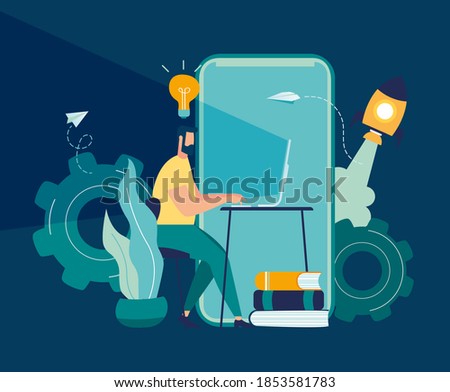 Vector illustration, work from home on the internet, creative space, self-isolation, freelancer working on laptop, online team work in startup vector
