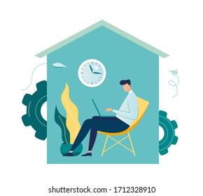 Vector illustration, work from home online, creative space, self-isolation, freelancer working on a laptop  vector