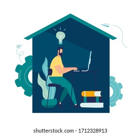 Ilustração vetorial, trabalho em casa on-line, espaço criativo, auto-isolamento, freelancer trabalhando em um vetor de laptop