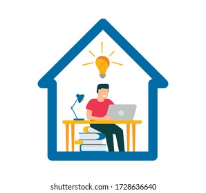 Vector illustration, work from home online, creative space, self-isolation, freelancer working on a laptop. Self-isolate from a pandemic. Remote work from home during Quarantine.