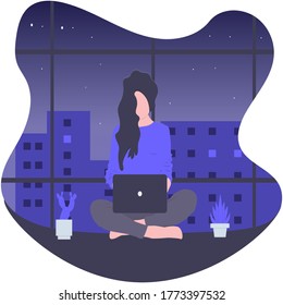 Vector illustration, work from home online, creative space, self-isolation, freelancer working on a laptop. Cute illustration in flat style